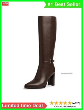 Pointed Toe Knee High Boots Chunky Heel Side Zipper Faux Leather